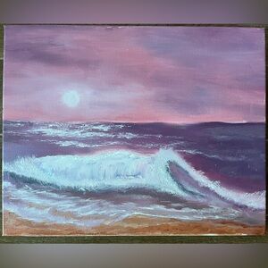 Hand made Oil painting - ocean waves sunset seascape